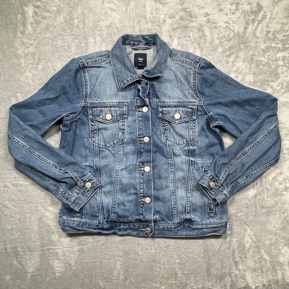 Gap Denim Jacket Womens Size Medium Blue Trucker Medium Wash Button Front Pocket